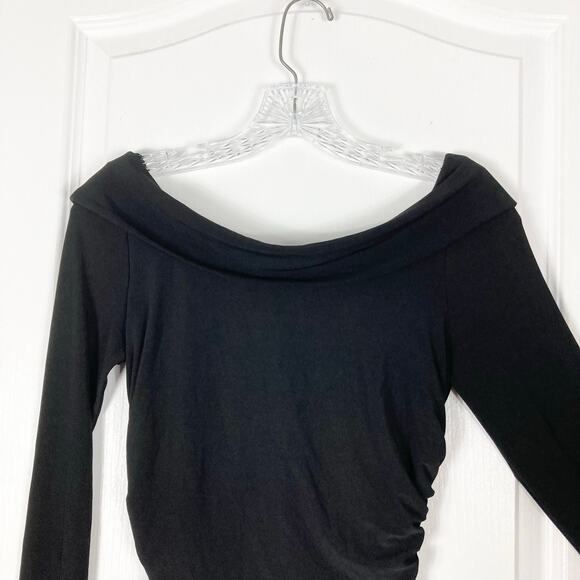 NWOT BEN DE LISI Dress US 4 Black Maxi Boat-Neck Cross Ruch Slit Side Stretch - Picture 4 of 15